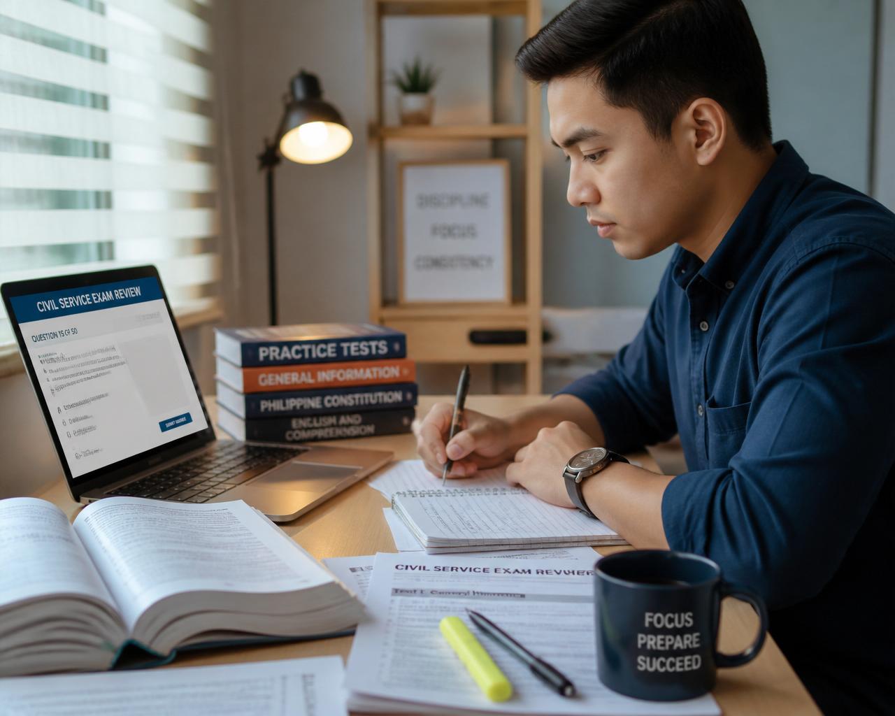 Filipino professional studying civil service exam review materials with books, laptop, and notes